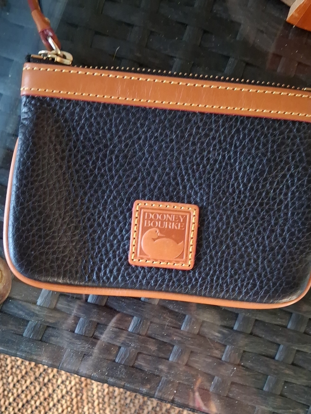 Dooney & Bourke Black Pebbled Leather Wristlet with Tan Trim